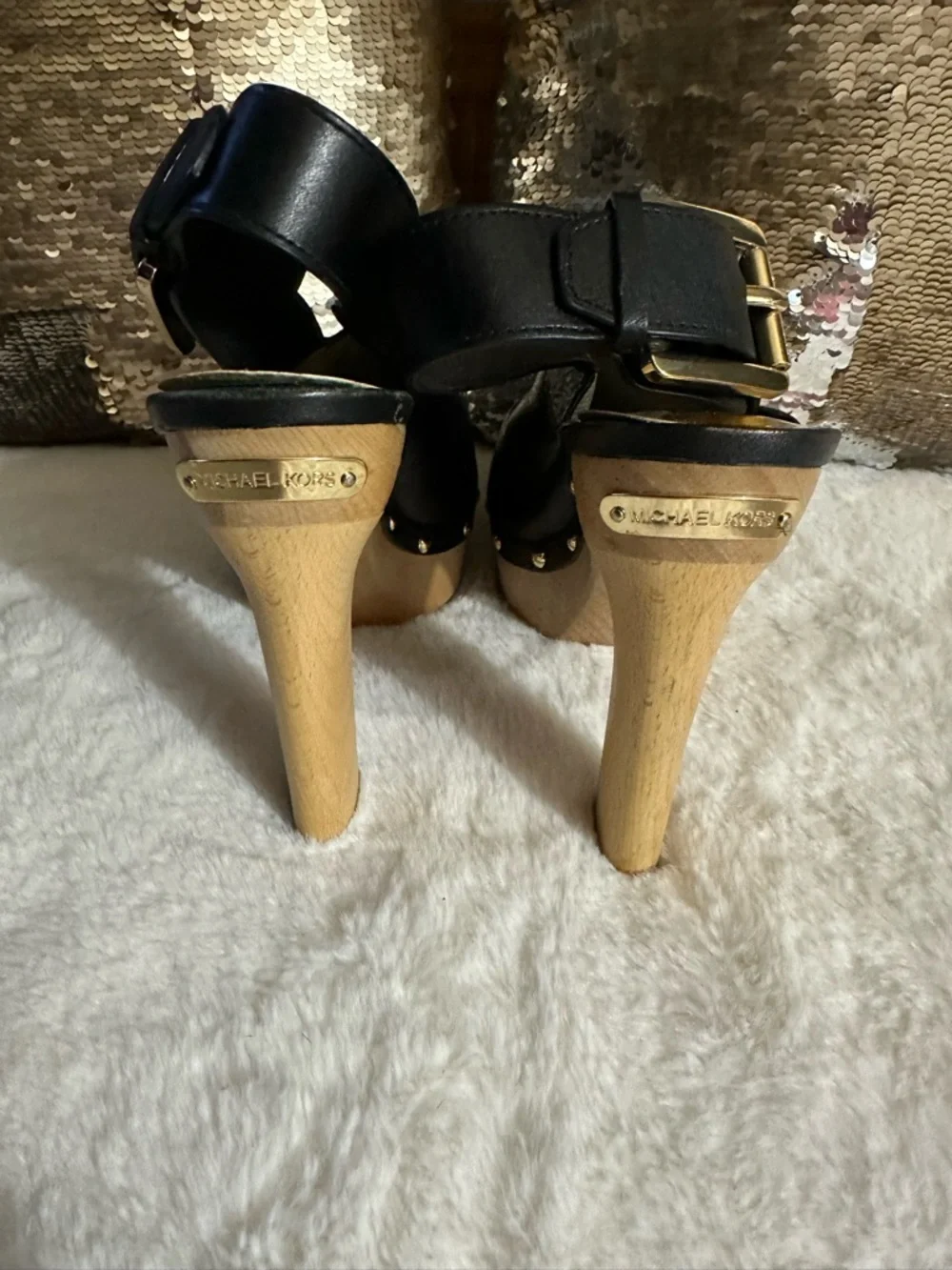 Michael Kors Black Leather Platform Clog Heels with Gold Studs - Picture 3 of 12